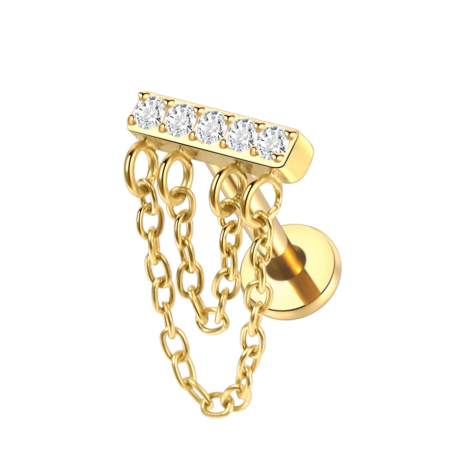 G23 Titanium Labret with CZ Front and Layered Chain Accent - Image 3