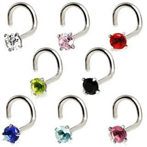 316L Surgical Steel Screw Nose Ring with Prong Set Gem - Image 2