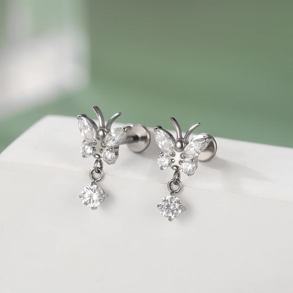 G23 Titanium Internally Threaded Labret with Butterfly Drop Dangle - Image 2