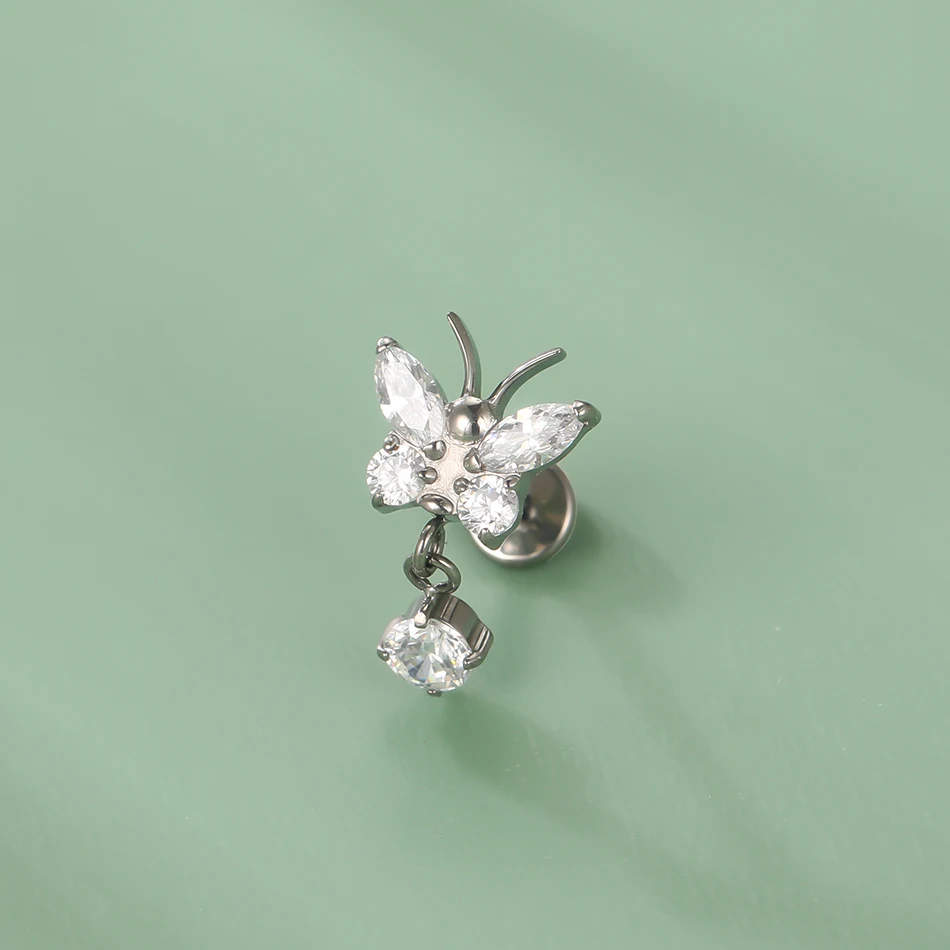 G23 Titanium Internally Threaded Labret with Butterfly Drop Dangle