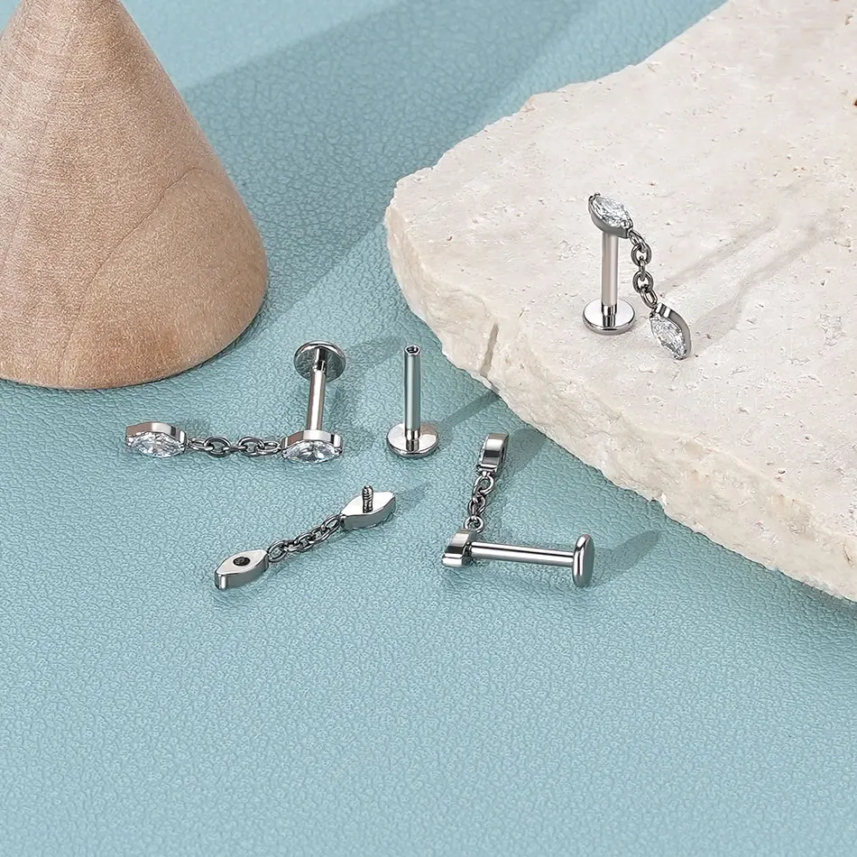 G23 Titanium Internally Threaded Labret with Dangle Chain Accent - Image 2