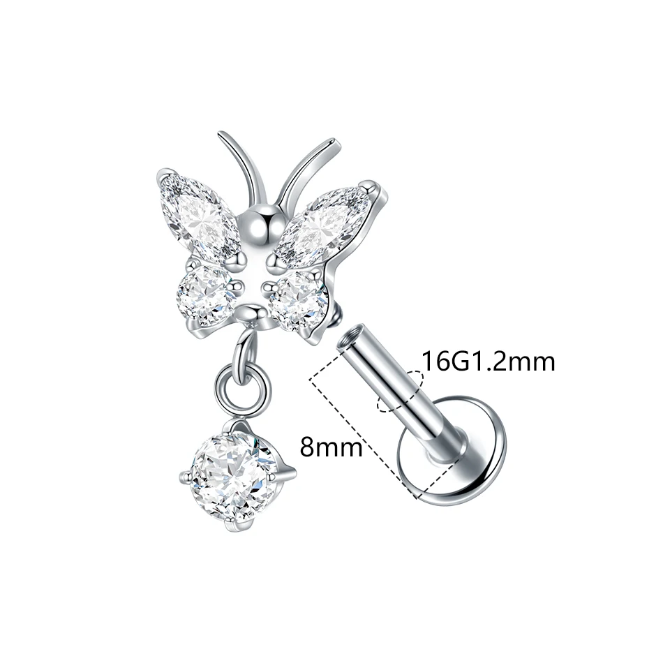 G23 Titanium Internally Threaded Labret with Butterfly Drop Dangle - Image 4