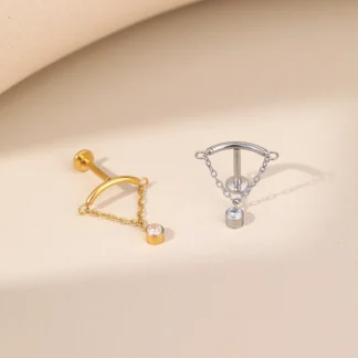 G23 Titanium Internally Threaded Curved Barbell with CZ Center and Dangling Chains