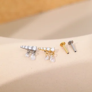 G23 Titanium Labret with 4 CZs and Dual Dangling CZ Charms