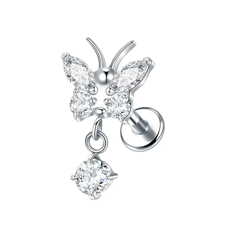 G23 Titanium Internally Threaded Labret with Butterfly Drop Dangle - Image 7