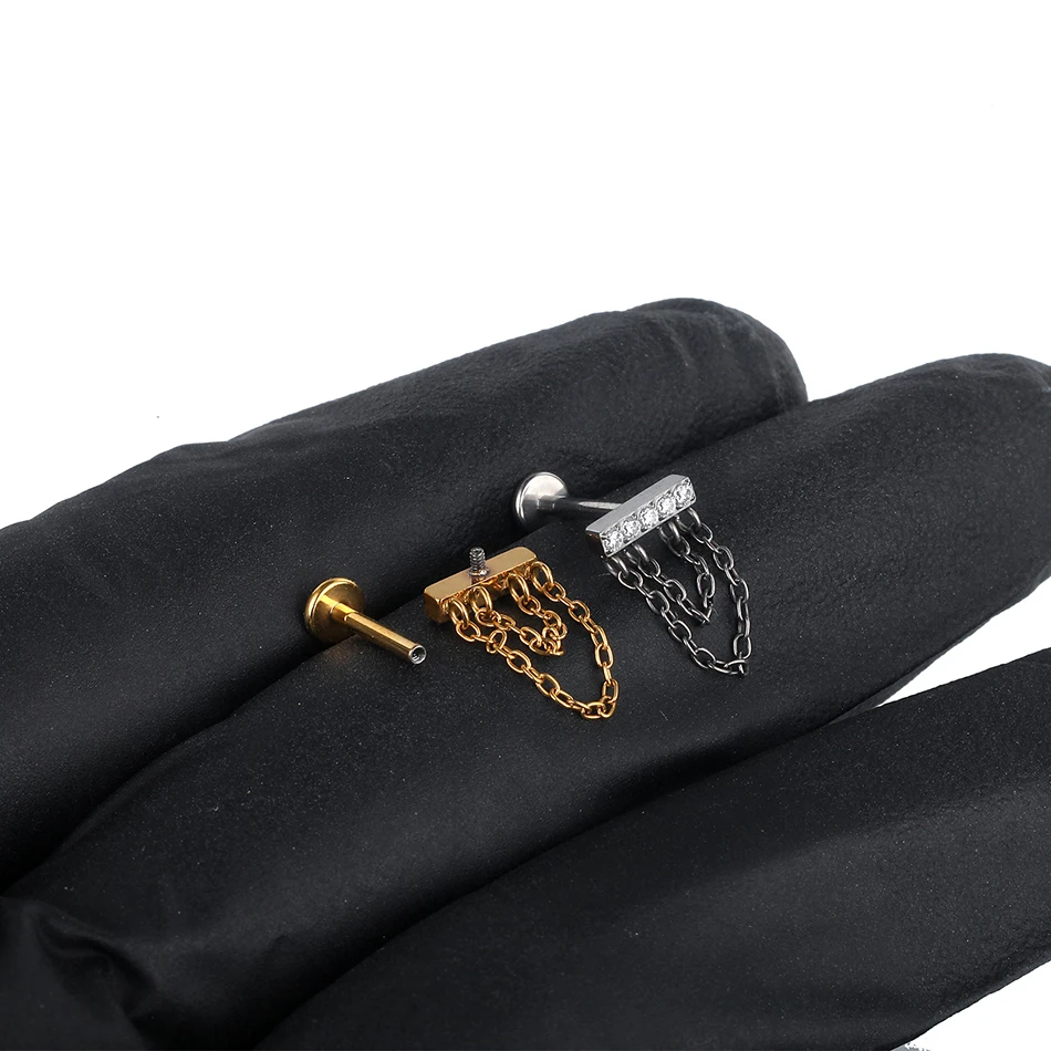 G23 Titanium Labret with CZ Front and Layered Chain Accent - Image 4