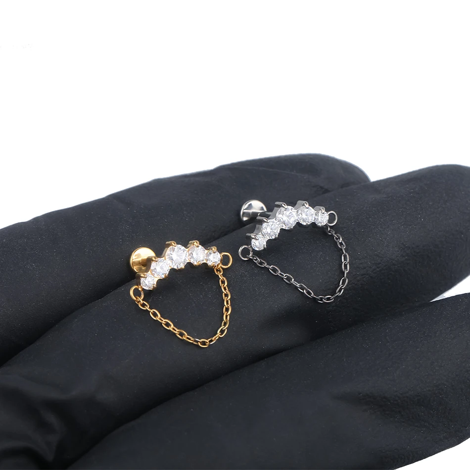 G23 Titanium Circle Row Piercing with CZ Accents and Dangling Chain