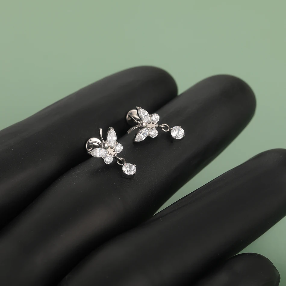 G23 Titanium Internally Threaded Labret with Butterfly Drop Dangle - Image 6