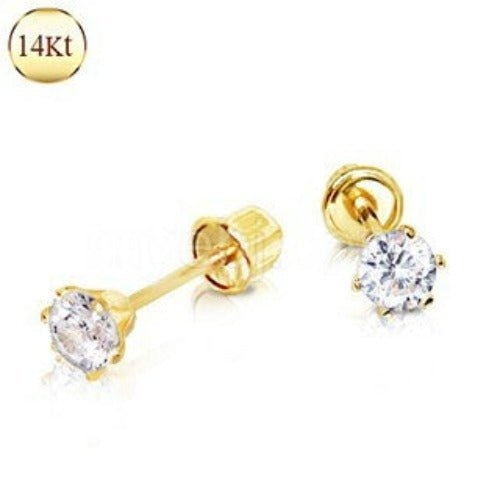 Pair of 14Kt. Yellow Gold Clear Round CZ Earring with Screw Back - Image 4