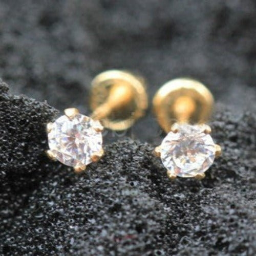 Pair of 14Kt. Yellow Gold Clear Round CZ Earring with Screw Back - Image 2