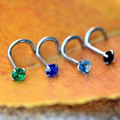316L Surgical Steel Screw Nose Ring with Prong Set Gem - Image 3