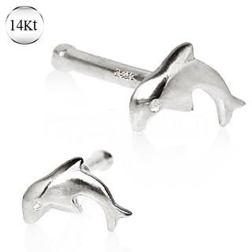 14Kt White Gold Stud Nose Ring with a Dolphin - Image 2