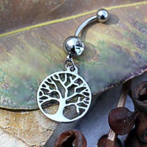 316L Stainless Steel Tree of Life Dangle Navel Ring - Image 2